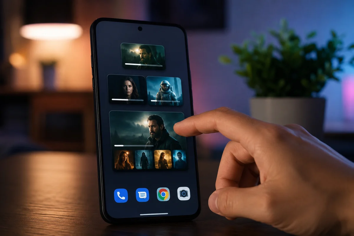 Apple TV Android home screen widgets showing continue watching content and instant playback shortcuts on a smartphone