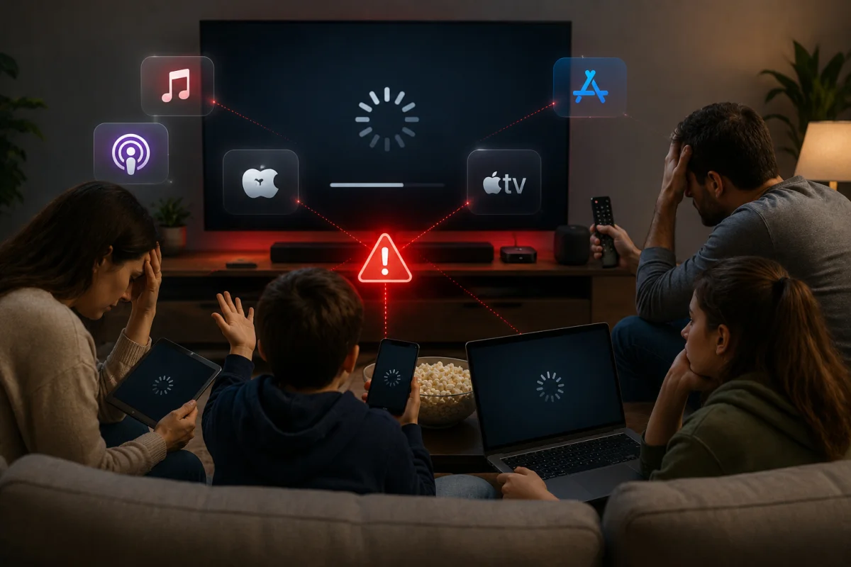 Apple TV Outage disrupting streaming, app access, and digital services for users across multiple Apple devices.