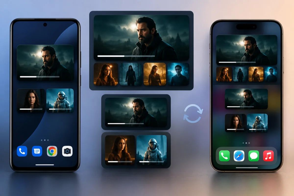 Apple TV Android widgets displaying small medium and large layouts with continue watching titles and expanded artwork previews