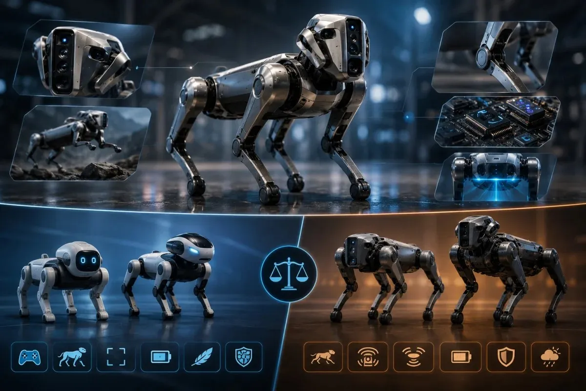 AI robot dog comparison showing premium Unitree-style quadruped robot alongside budget robot dogs with different capabilities and real-world use cases.