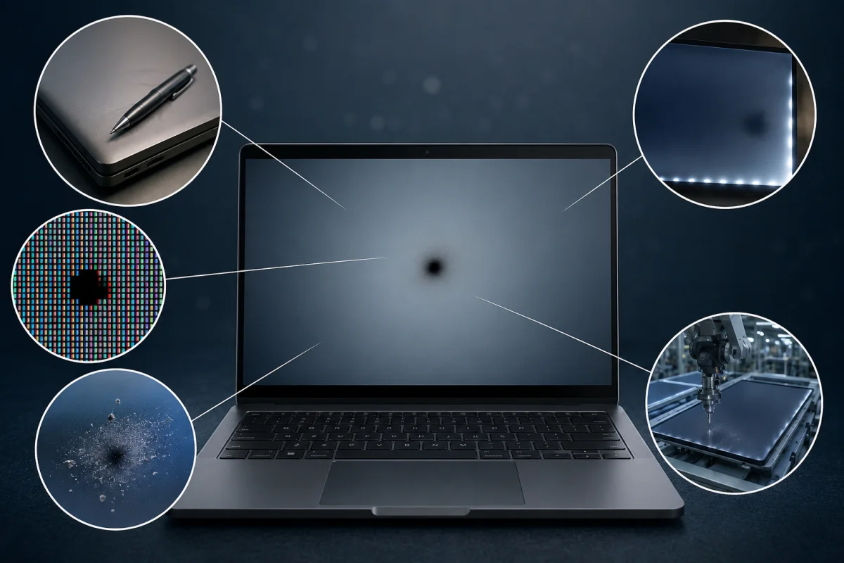 Black Spot on Laptop screen caused by pressure damage, dead pixels, trapped dust, LCD panel failure, backlight issues, and manufacturing defects.