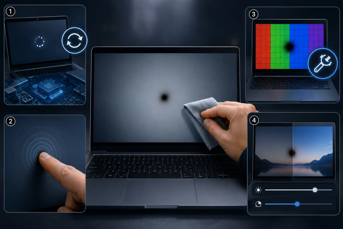 Black Spot on Laptop screen being repaired using driver updates, stuck pixel massage technique, pixel fixing software, and display brightness adjustments.