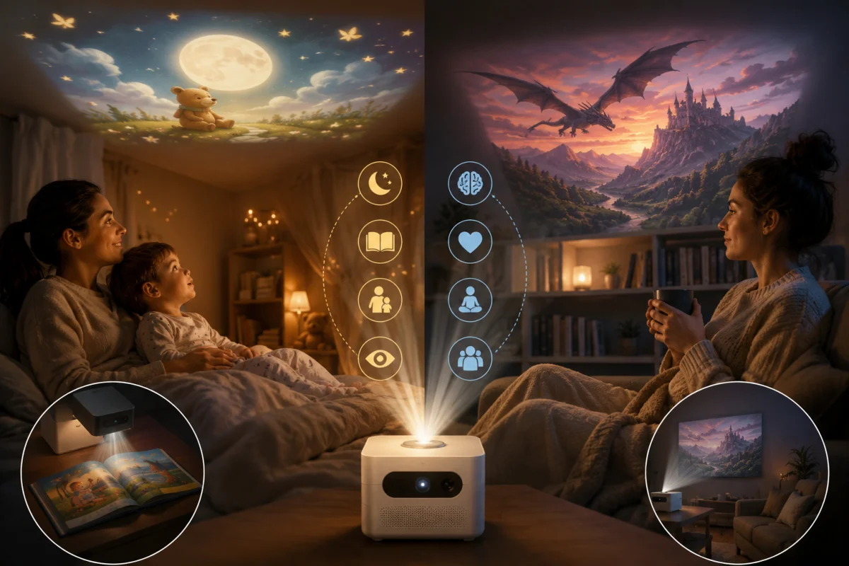 Book projector benefits illustrated through bedtime storytelling for children and relaxing reading experiences for adults