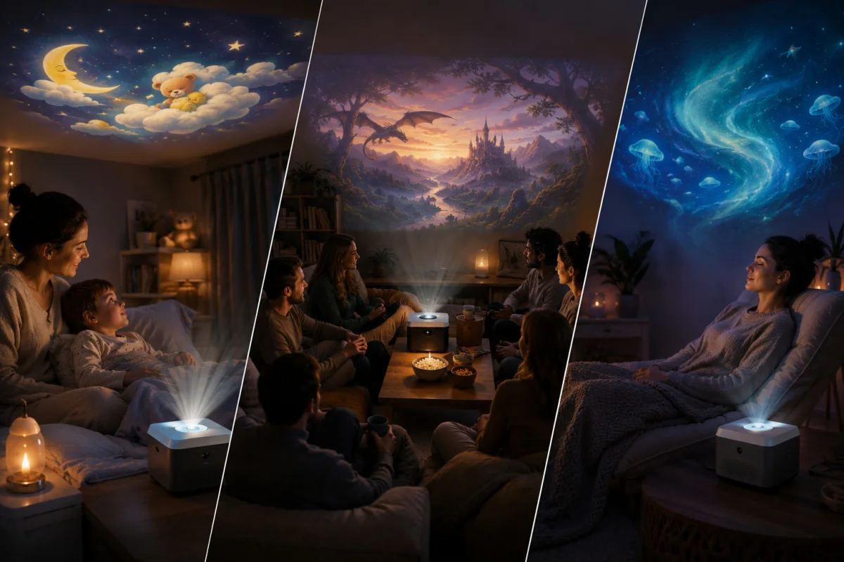 Book projector use cases including bedtime stories, book club gatherings, reading nights, and sensory relaxation
