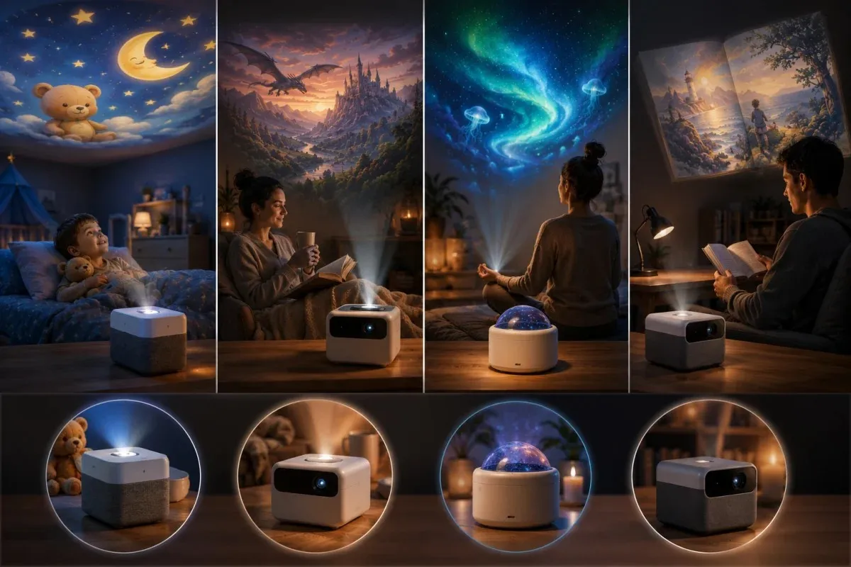 Book projector comparison featuring children's projectors, adult reading projectors, fantasy scene projectors, and text-reading projectors for different use cases
