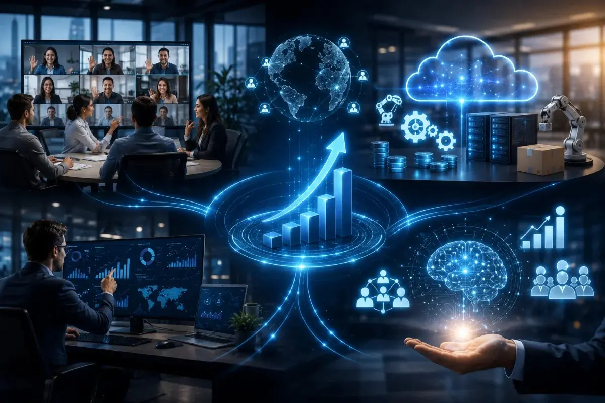 Business technology benefits including collaboration, cloud computing, automation, artificial intelligence, machine learning, data analytics, and business growth.