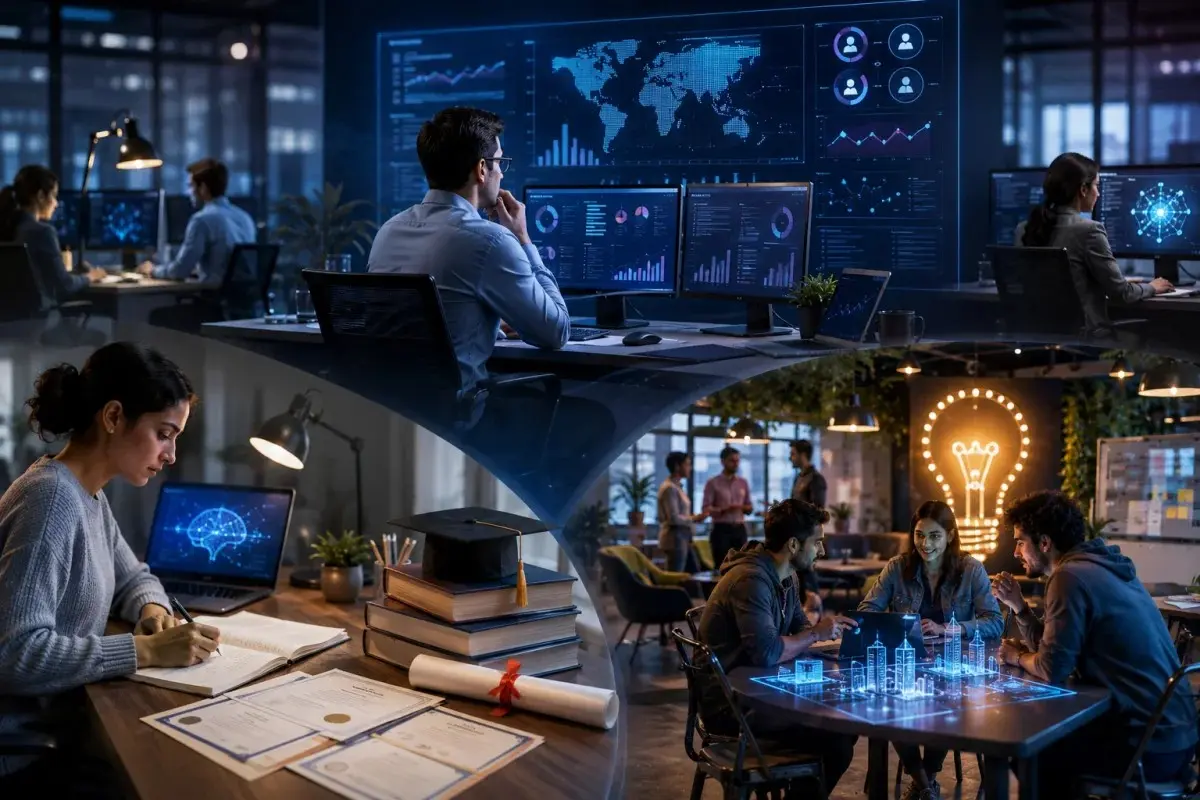 Business technology careers and education featuring a business technology analyst, professional certifications, technology training, digital skills development, and startup innovation within a technology business incubator.