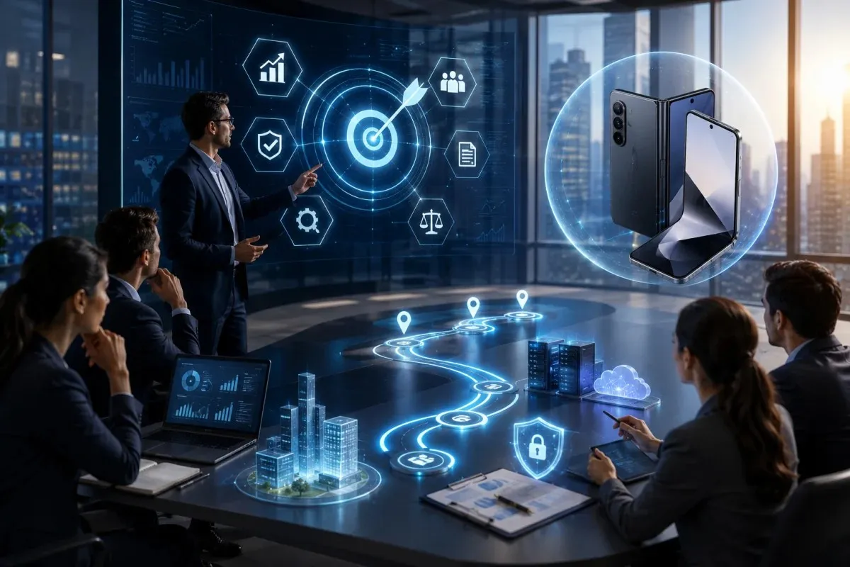 Business technology strategy and alignment showing executives planning a digital transformation roadmap with cloud computing, cybersecurity, governance frameworks, enterprise technology systems, and business growth objectives.