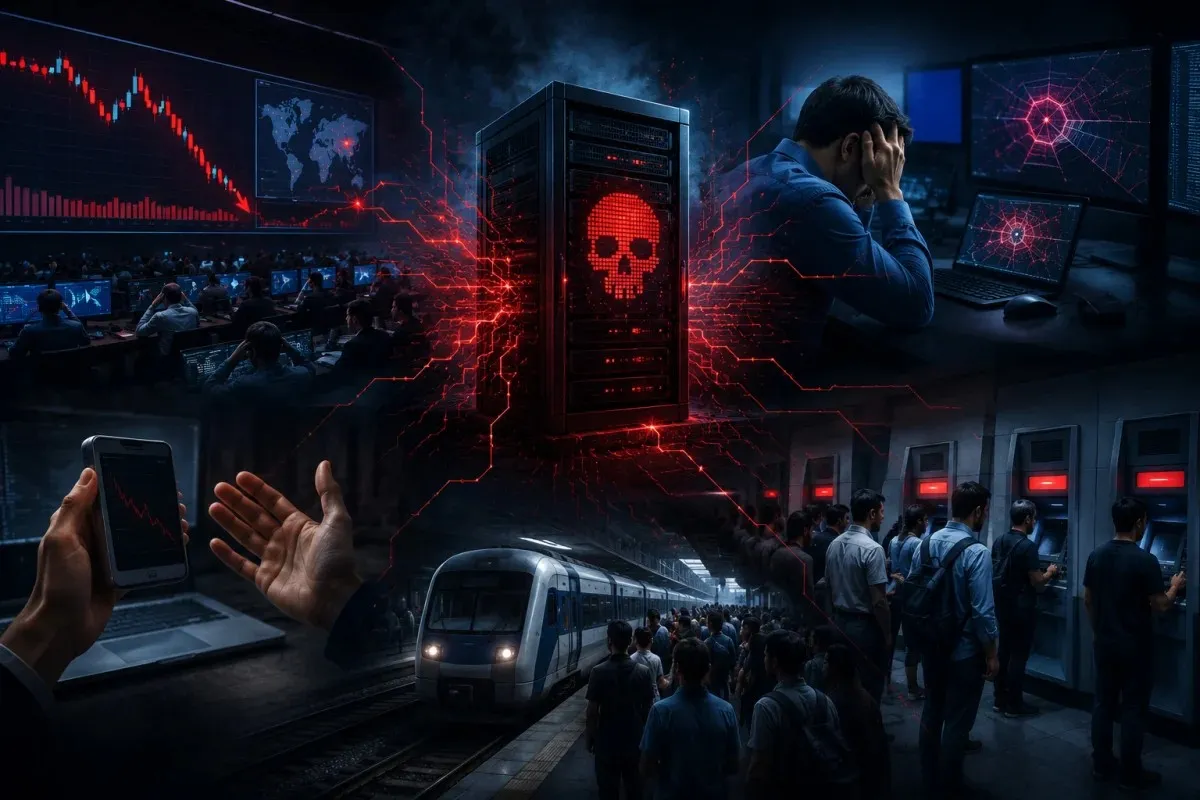 Creative illustration showing the CDSL malware attack disrupting settlement operations, investor services, financial infrastructure, and connected market systems during the 2022 cybersecurity incident.