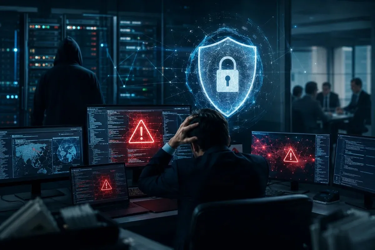 Photorealistic illustration of a CDSL cybersecurity malware attack affecting financial infrastructure as security professionals respond to a major cyber incident that led to a SEBI penalty.