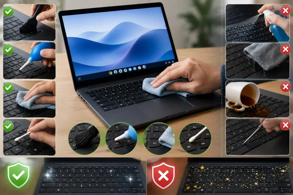 Chromebook Keyboard being safely cleaned with microfiber cloth and compressed air while highlighting proper maintenance methods and cleaning practices to avoid keyboard damage.