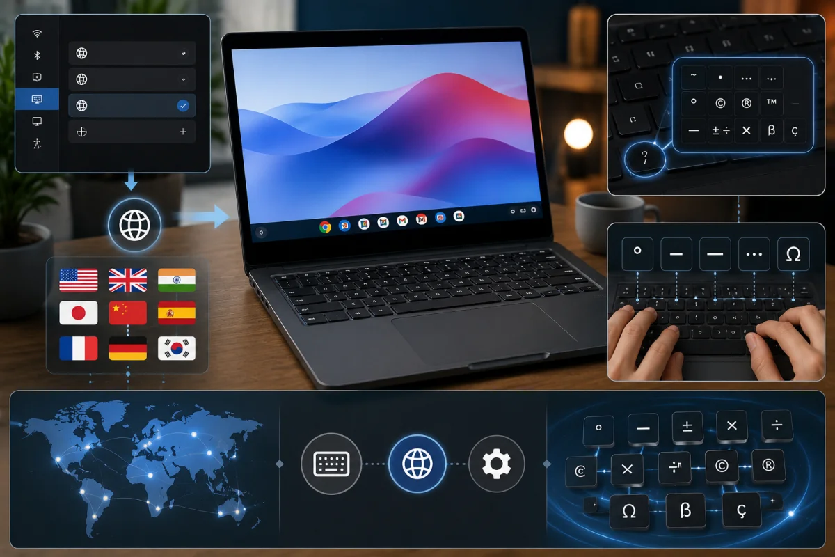 Chromebook Keyboard language settings interface showing multiple keyboard layouts, international language switching, special character input, symbol typing, and ChromeOS keyboard customization options.