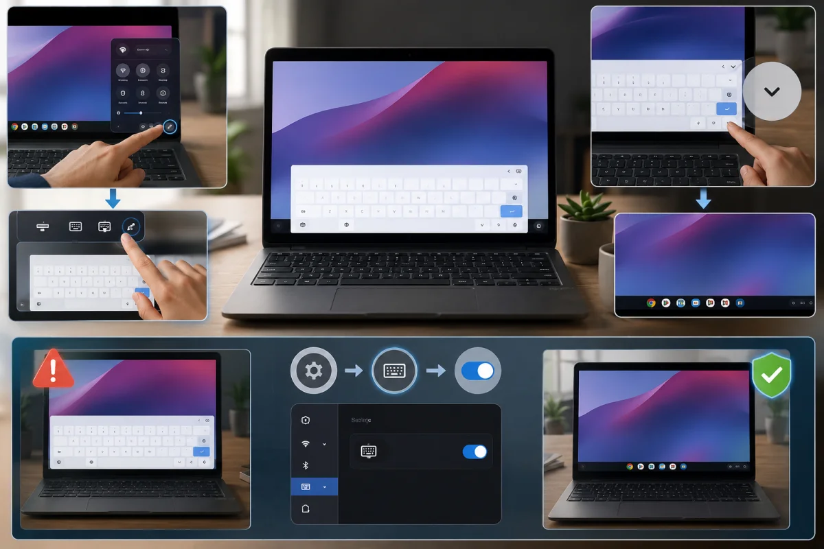 Chromebook Keyboard with virtual on-screen keyboard displayed on a touchscreen Chromebook, showing accessibility controls, keyboard activation, keyboard disabling, and troubleshooting workflow.