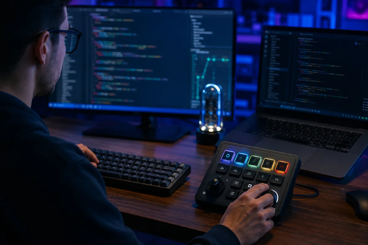 Developer adjusting the Codex Micro keypad's dial next to a keyboard, with glowing Agent Keys visible, in front of dual monitors showing code