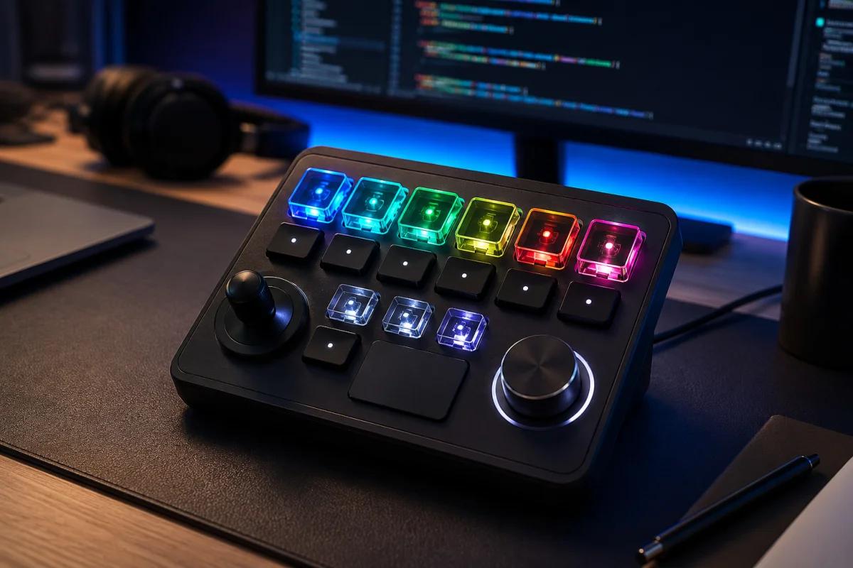 Close-up of the Codex Micro keypad with rainbow-lit Agent Keys, joystick, and dial on a desk in front of a coding monitor