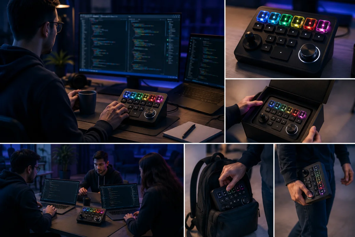 Codex micro displayed in multiple real-world developer scenarios, illustrating pricing, availability, portability, and ideal use for developers managing AI coding agents with a compact desktop controller.