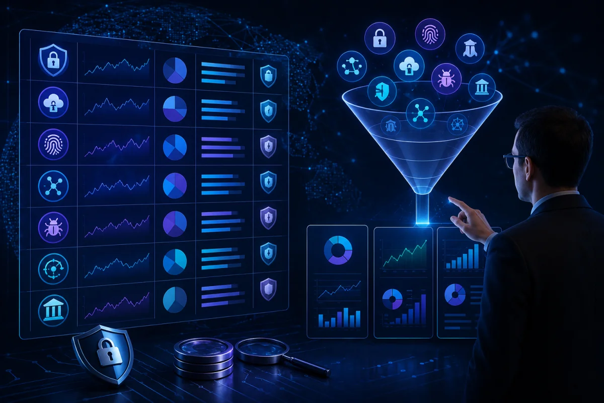 Digital illustration showing cybersecurity ETF providers, portfolio diversification, fund comparison, and investment selection with futuristic financial technology visuals.