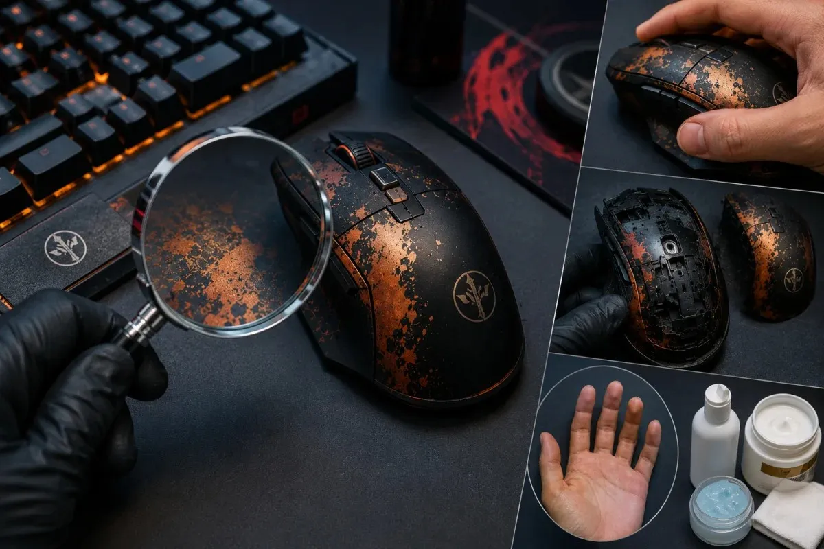 Cyberpunk 2077 gaming mouse showing discoloration and coating wear during a hardware quality inspection.