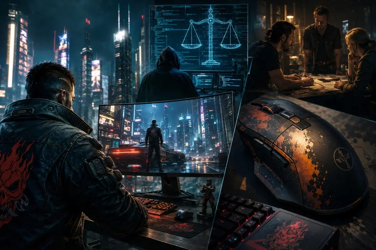 Cyberpunk 2077 player surrounded by modding, development, and gaming hardware issues in a futuristic cyberpunk setting.