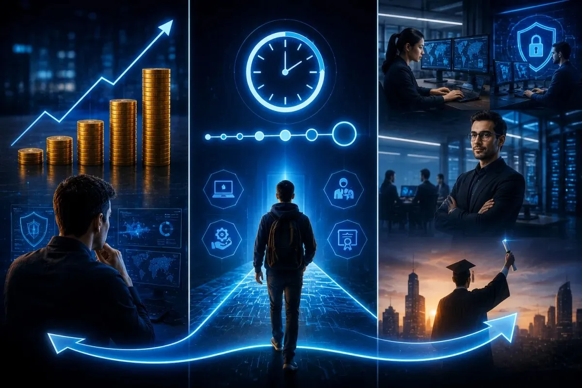 Career progression after a Cybersecurity Apprenticeship showing pay growth, program duration, and successful cybersecurity career outcomes.