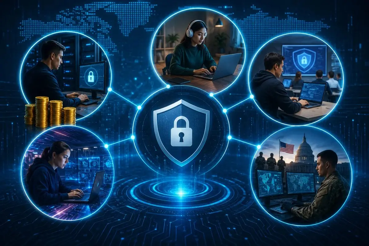 Illustration showing different Cybersecurity Apprenticeship pathways including paid, remote, Level 4, accelerated, and government cybersecurity training programs.