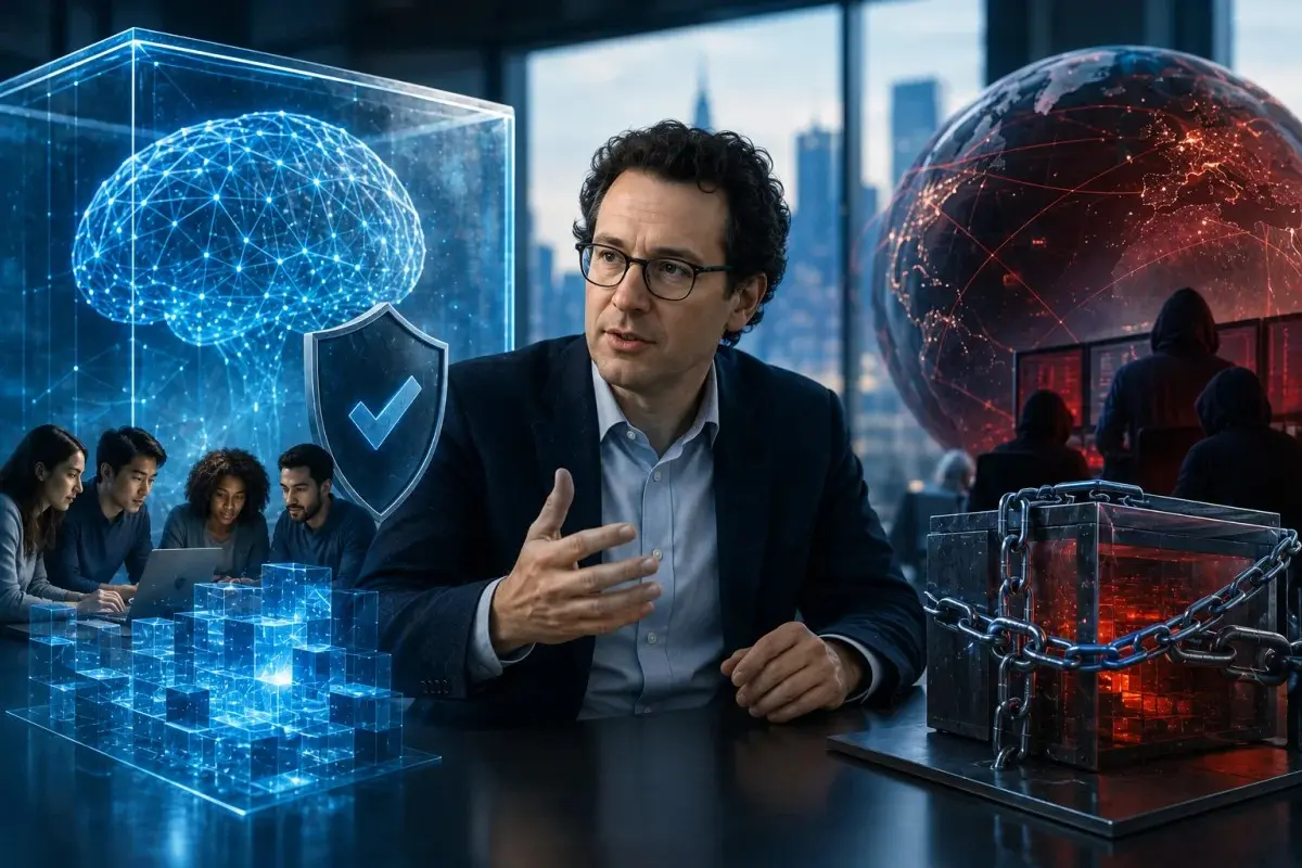 Dario Amodei discussing open-weight AI benefits while emphasizing safety testing and protection against advanced AI misuse.