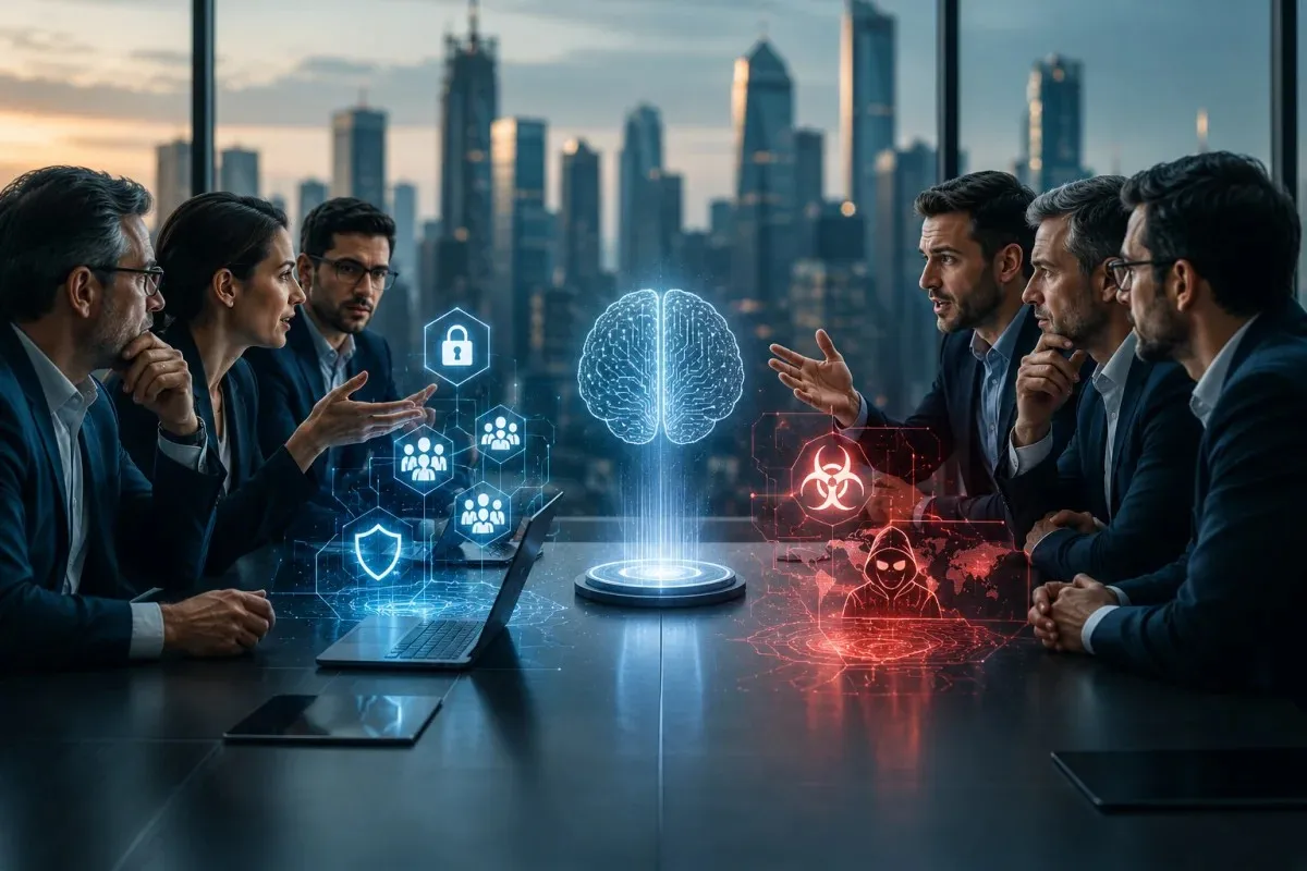 Dario Amodei-inspired AI governance debate showing open-weight AI innovation balanced against cybersecurity and safety concerns.
