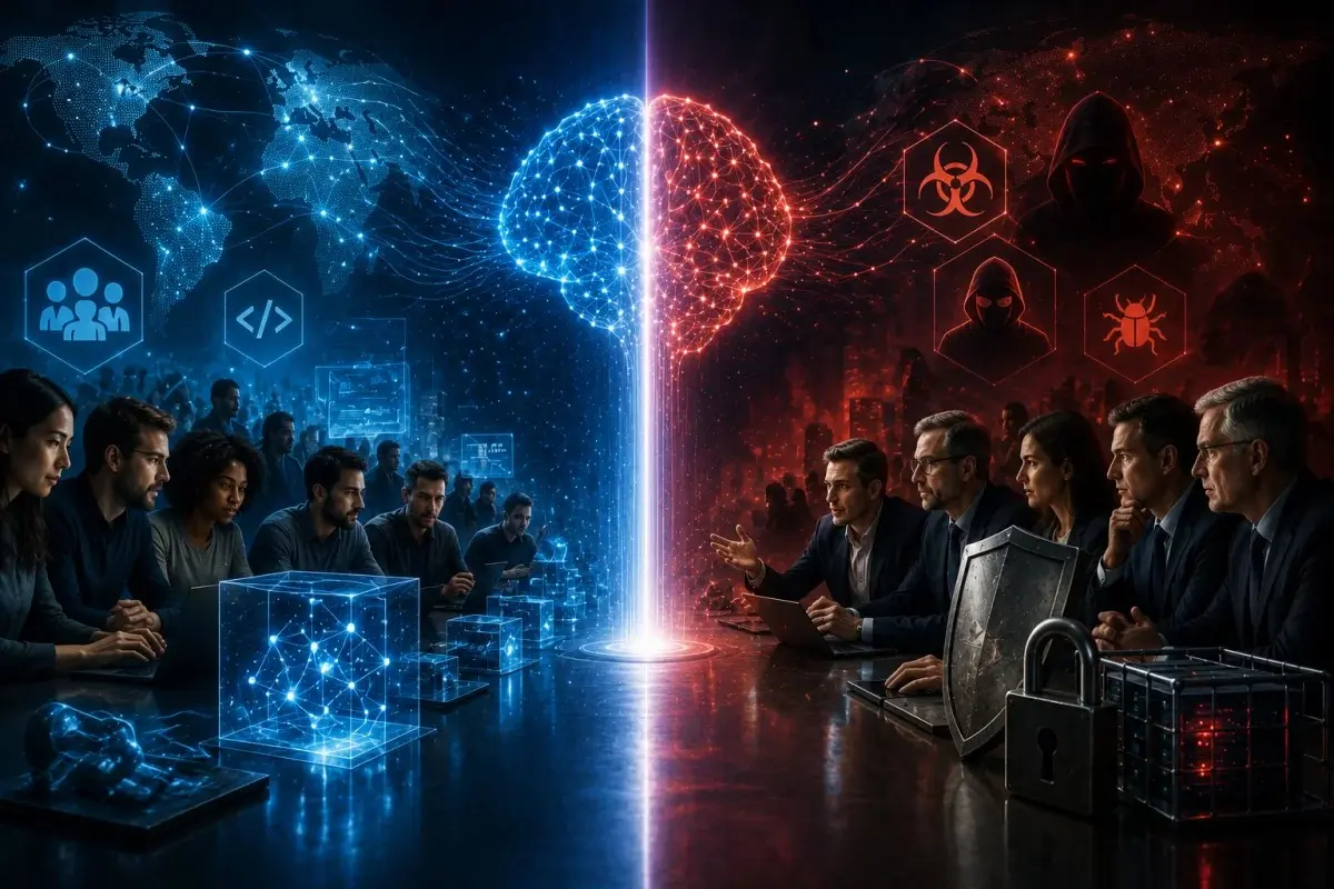 Dario Amodei-inspired visualization of the conflict between open-weight AI innovation and security-focused AI governance.