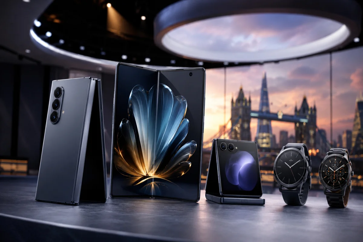 Fold 8 foldable smartphone lineup with premium foldable devices and smartwatches displayed before a modern London-inspired technology backdrop.