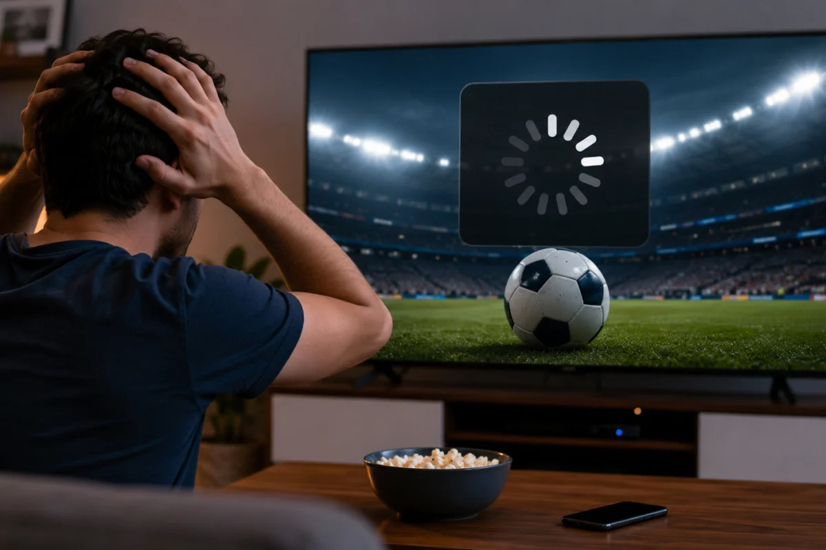 Frustrated viewer watching a buffering football livestream on TV during the Fox One World Cup streaming outage.