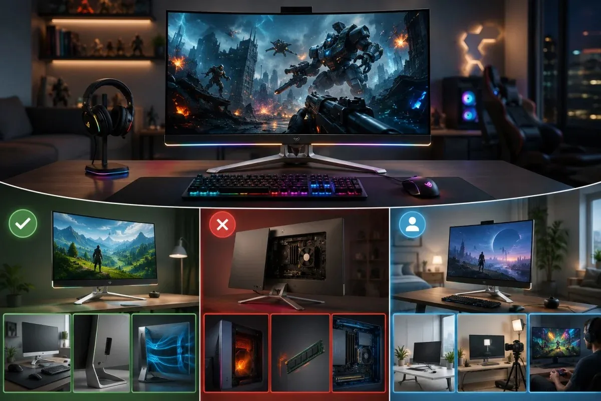 Gaming desktop all-in-one comparison showing pros, cons, and best use cases in three panels