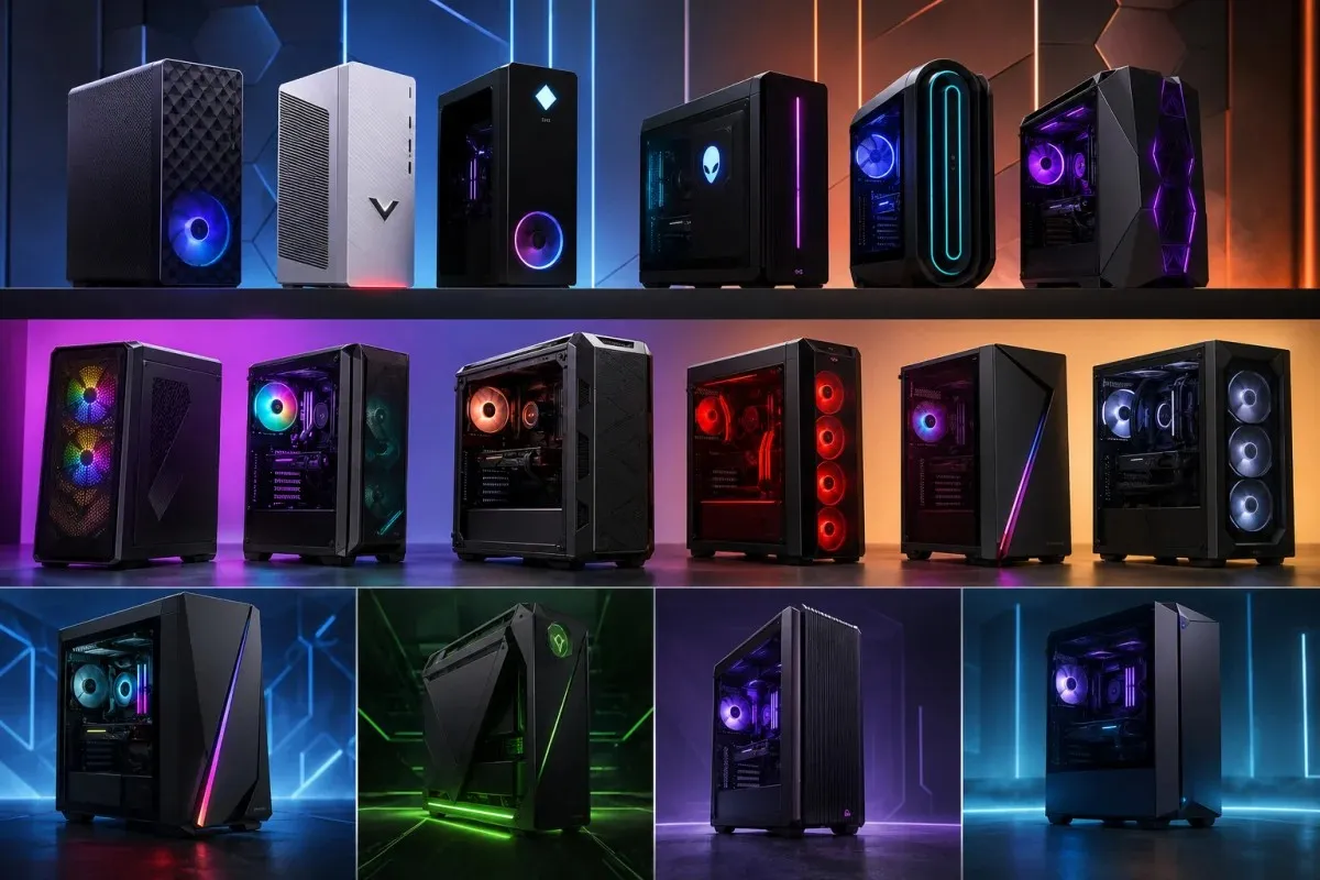 Gaming desktop towers from various brands with RGB lighting arranged in a comparison grid
