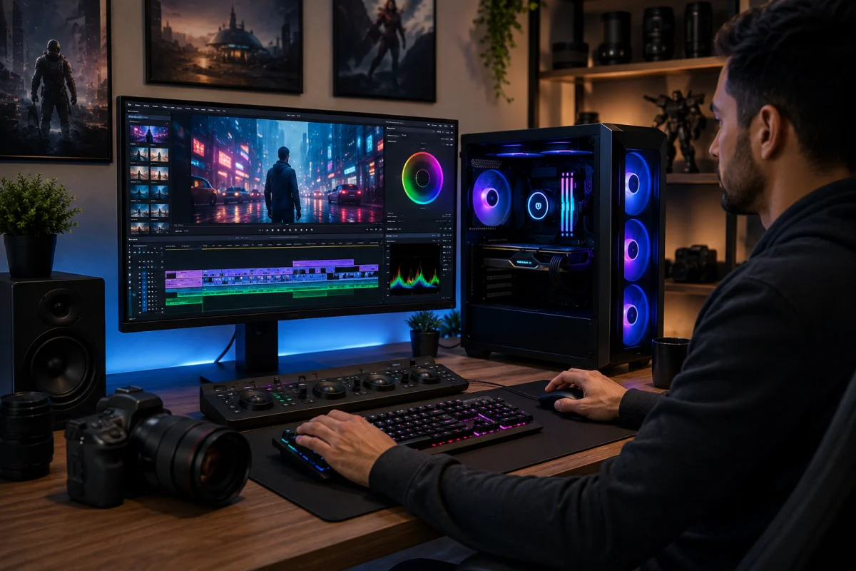Gaming desktop used for video editing and content creation with ultra-wide monitor, powerful GPU, high-performance components, professional editing workspace, and dual-purpose gaming desktop setup for creators and gamers.