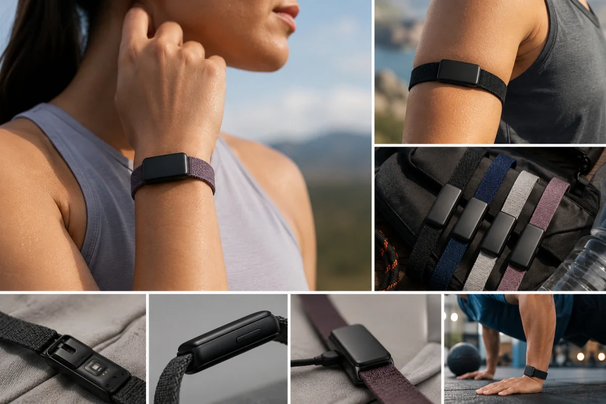 Garmin Cirqa Smart Band showing lightweight screen-free design with wrist and upper-arm wear options, fabric bands, and compact fitness tracker body.