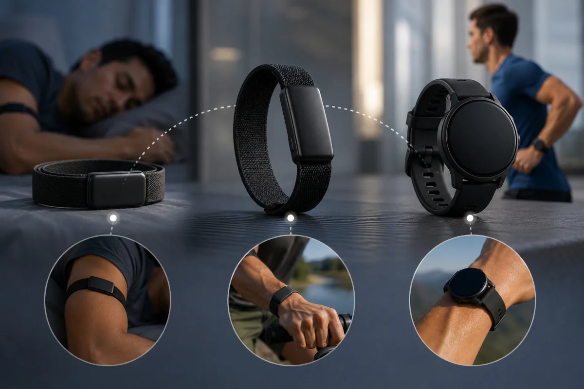 Garmin Cirqa Smart Band displayed alongside Garmin wearable devices, illustrating its place within the Garmin lineup as a screen-free health and fitness tracker.