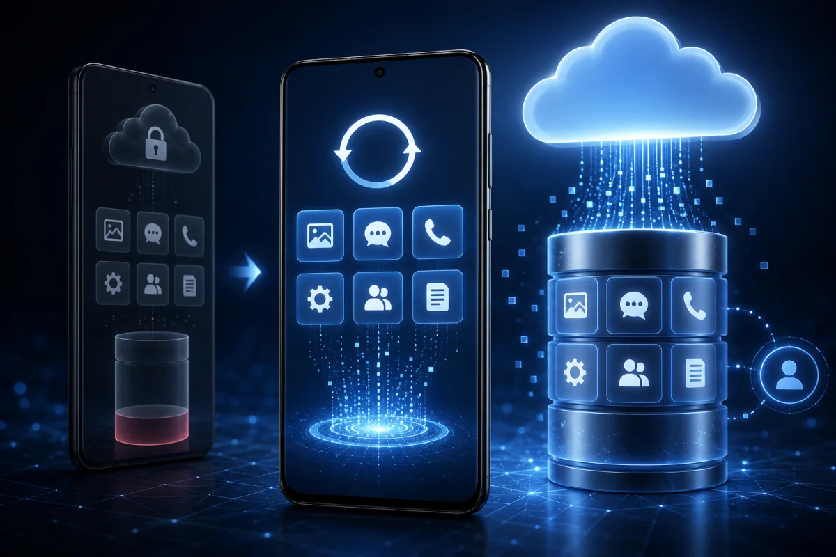 Google Play Services syncing Android backup data to secure cloud storage, illustrating the new backup storage policy, cloud synchronization, and Google Account storage management.