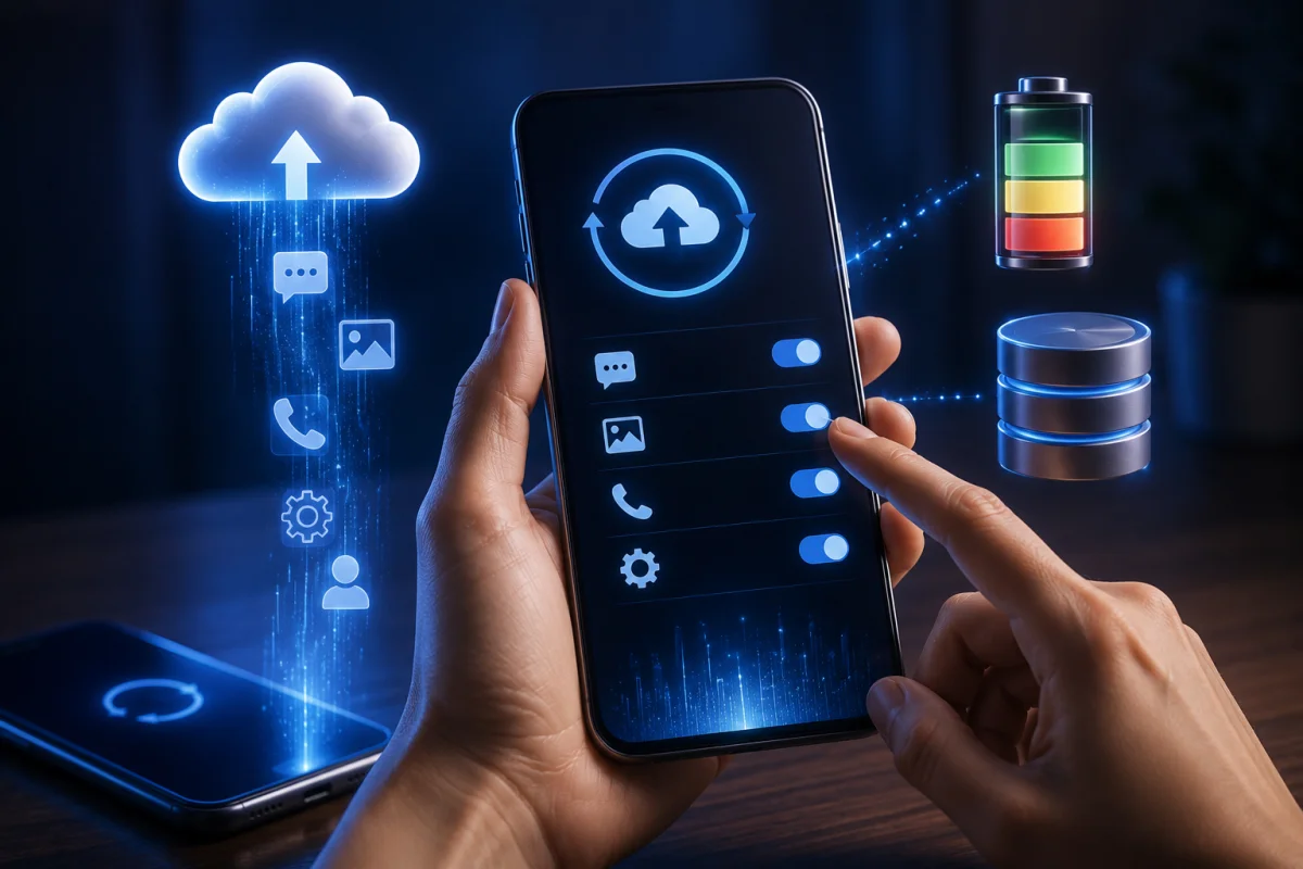 Google Play Services managing Android backup storage, cloud synchronization, account data protection, and battery efficiency on a smartphone