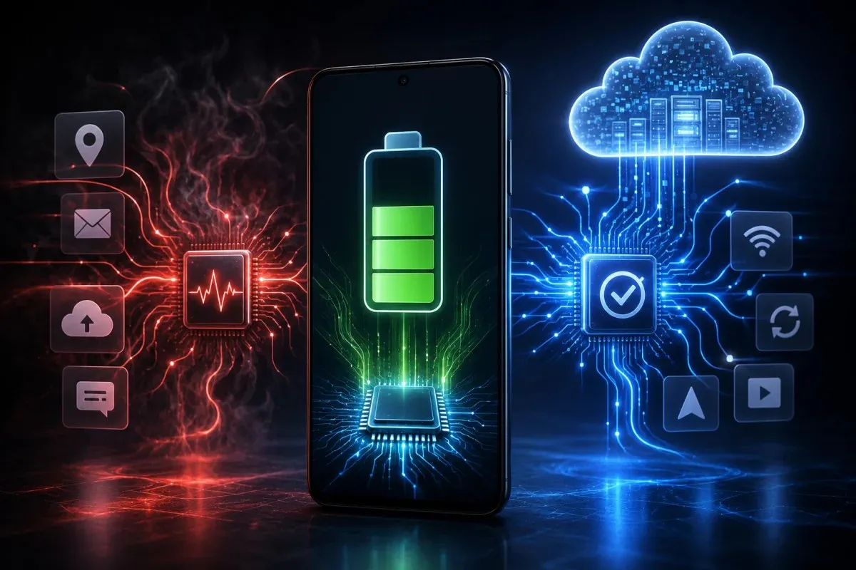 Google Play Services illustrating Android battery optimization, wake lock performance management, efficient background processing, secure cloud synchronization, and improved power efficiency on a modern smartphone.