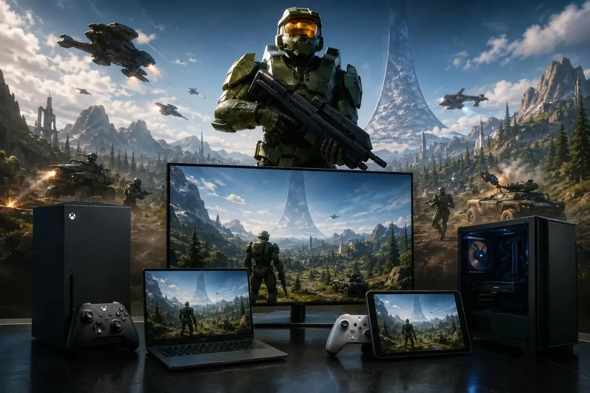 Halo Campaign Evolved featured image showing a futuristic armored soldier with Xbox console, PC, and cloud gaming devices representing the game's day-one cross-platform launch.