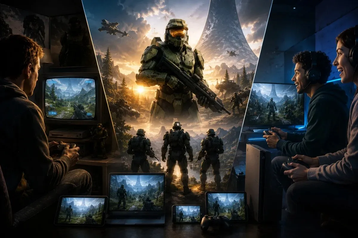 Halo Campaign Evolved featured image showing longtime and new players enjoying the modern Halo remake with a futuristic armored soldier and immersive cross-platform gameplay experience.