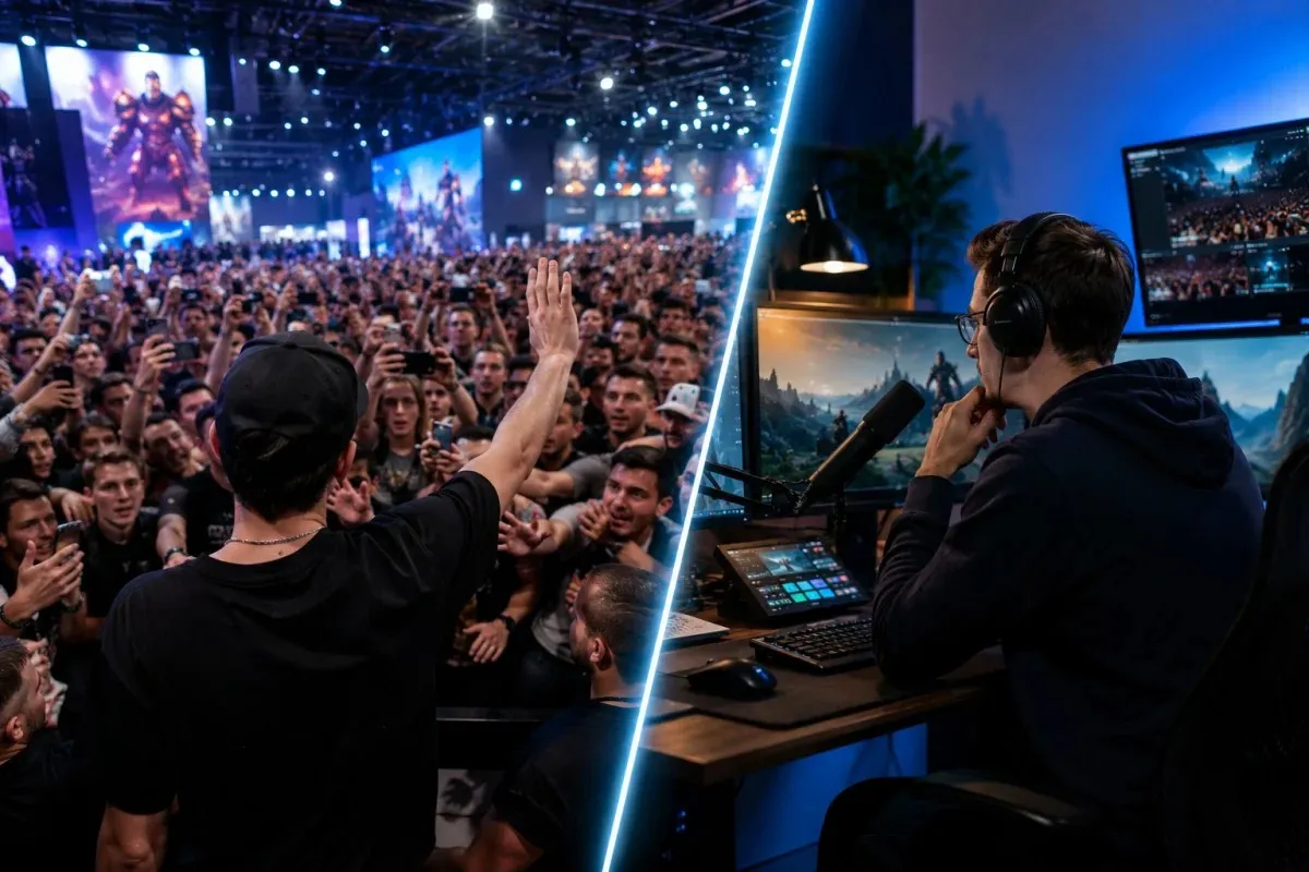 HandOfBlood Gamescom 2026 illustration comparing a crowded gaming convention floor with a professional remote streaming studio, highlighting influencer crowd management and alternative event coverage.
