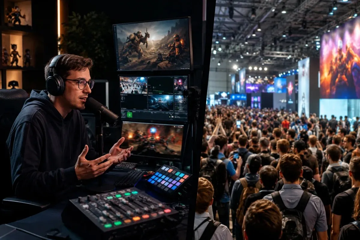 HandOfBlood Gamescom 2026 concept showing a streamer covering a major gaming convention remotely from a professional studio while large crowds attend the event floor.