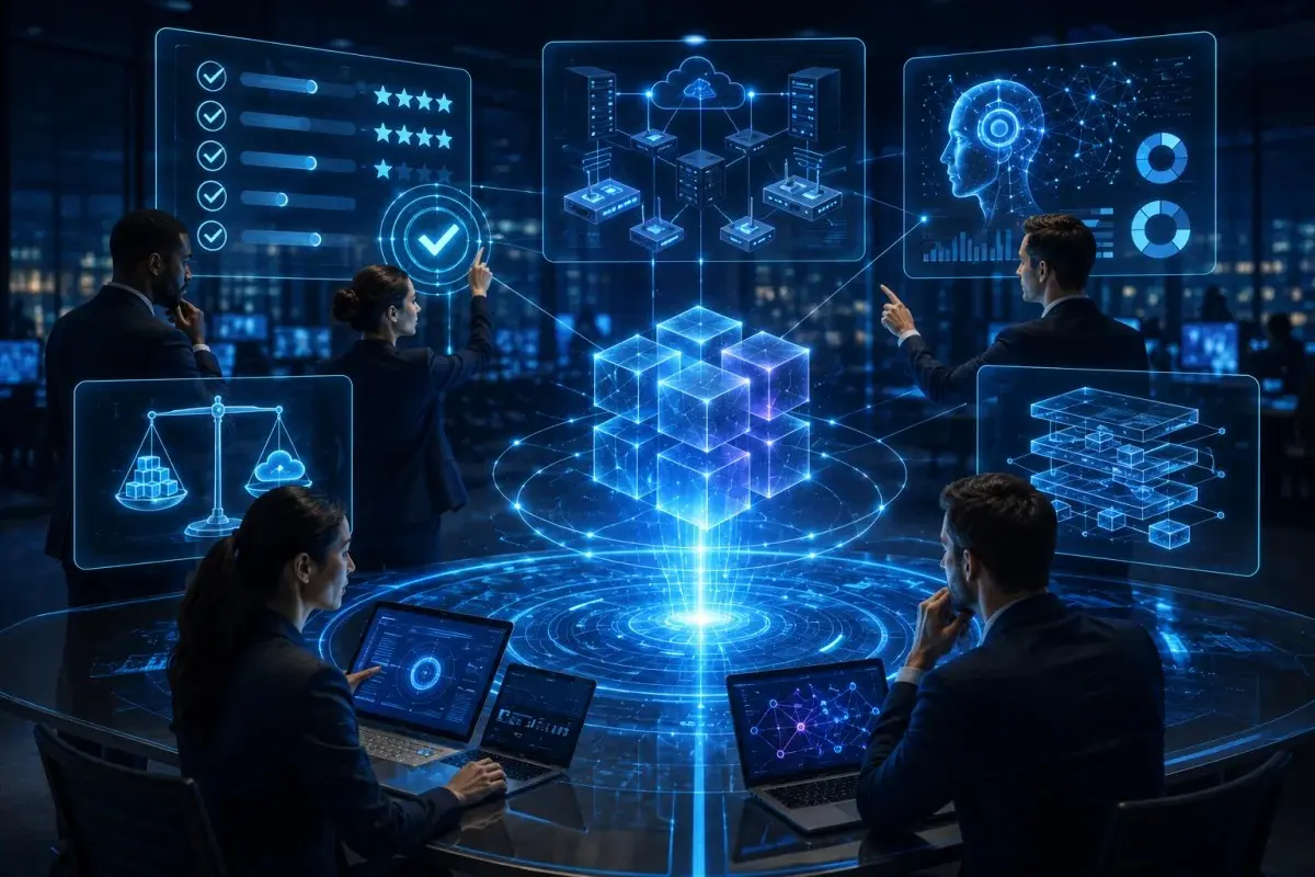 Enterprise technology evaluation process showing technology assessment, networking comparisons, AI customer service solutions, and enterprise technology integration planning.