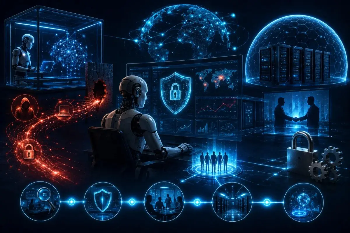 Hugging Face AI security testing showing cybersecurity monitoring, global threats, and industry response