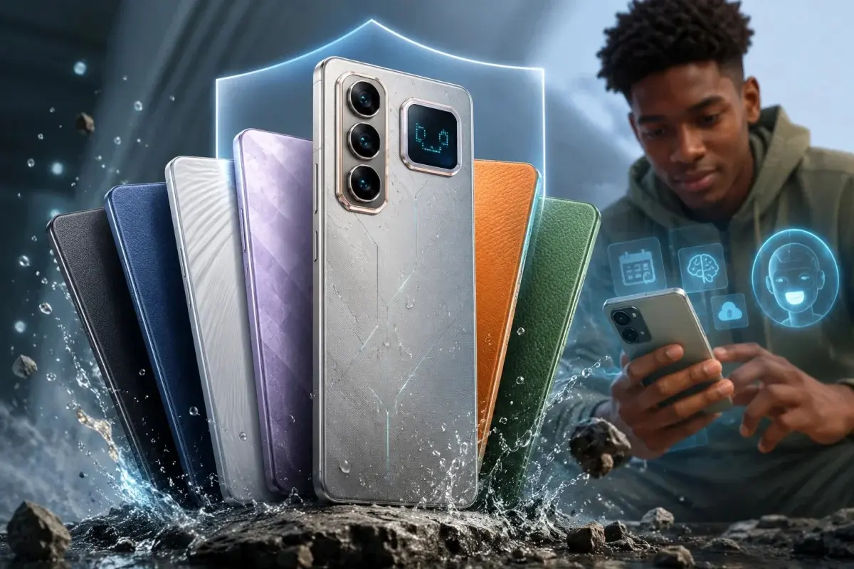 Infinix Hot 70 Pro smartphone featuring multiple color finishes, AI-powered tools, IP68 water resistance, and military-grade durability in a futuristic technology scene.