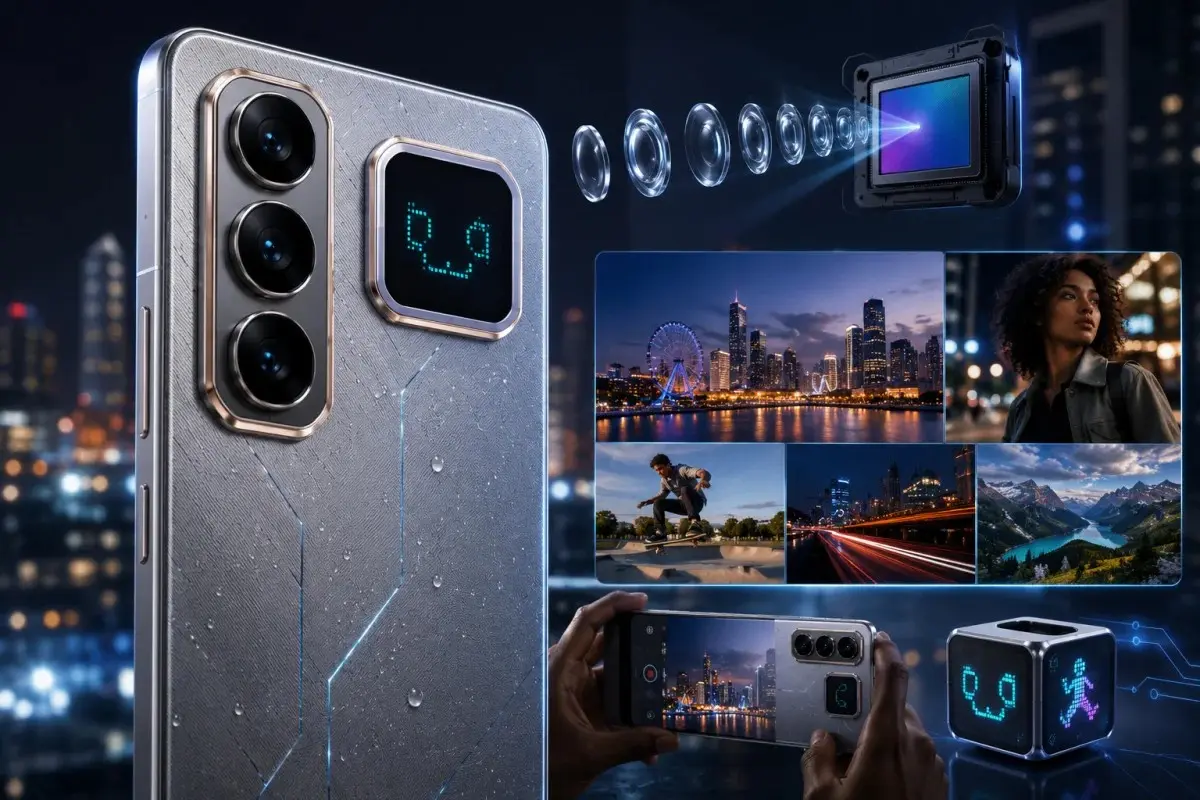 Infinix Hot 70 Pro featuring a 50MP camera system, advanced imaging hardware, interactive Active Matrix Cube display, and AI-enhanced photography features.
