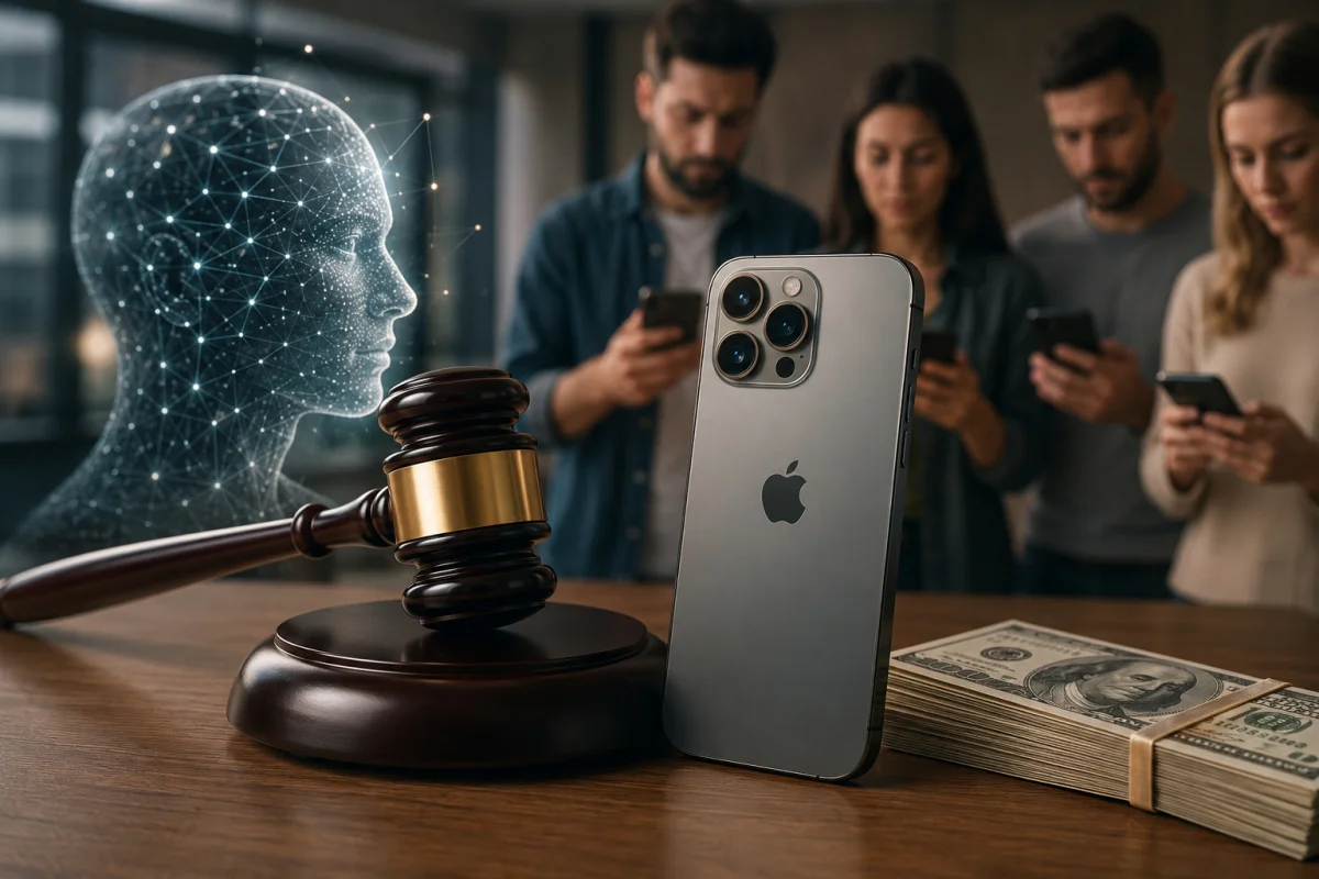 iPhone 16 with a courtroom gavel, AI visualization, and money representing the Apple Siri AI lawsuit settlement for eligible device owners.