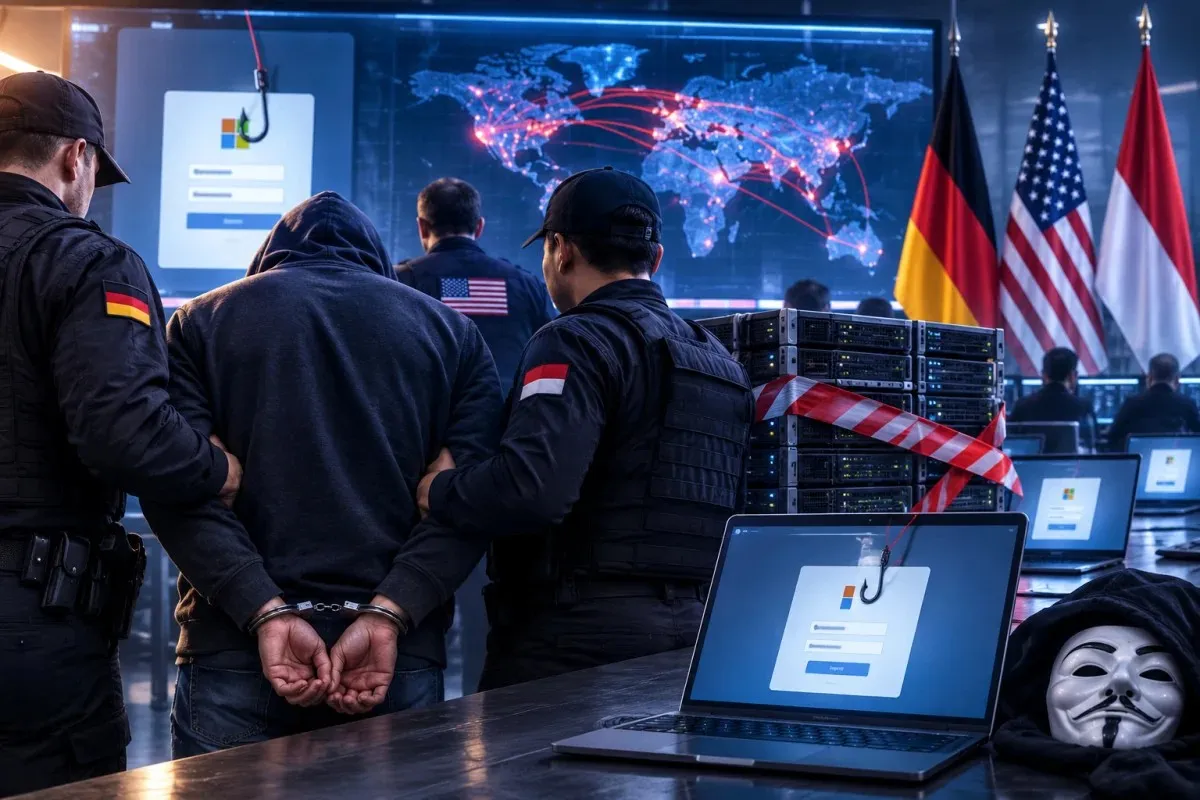 Major global pishing network dismantled by international authorities with seized servers, cybercrime infrastructure, and worldwide attack disruption.