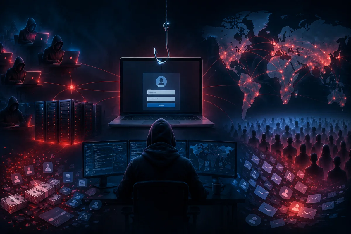 Global Kratos pishing network showing fake login pages, cybercriminal affiliates, phishing infrastructure, worldwide victims, and interconnected attack servers.