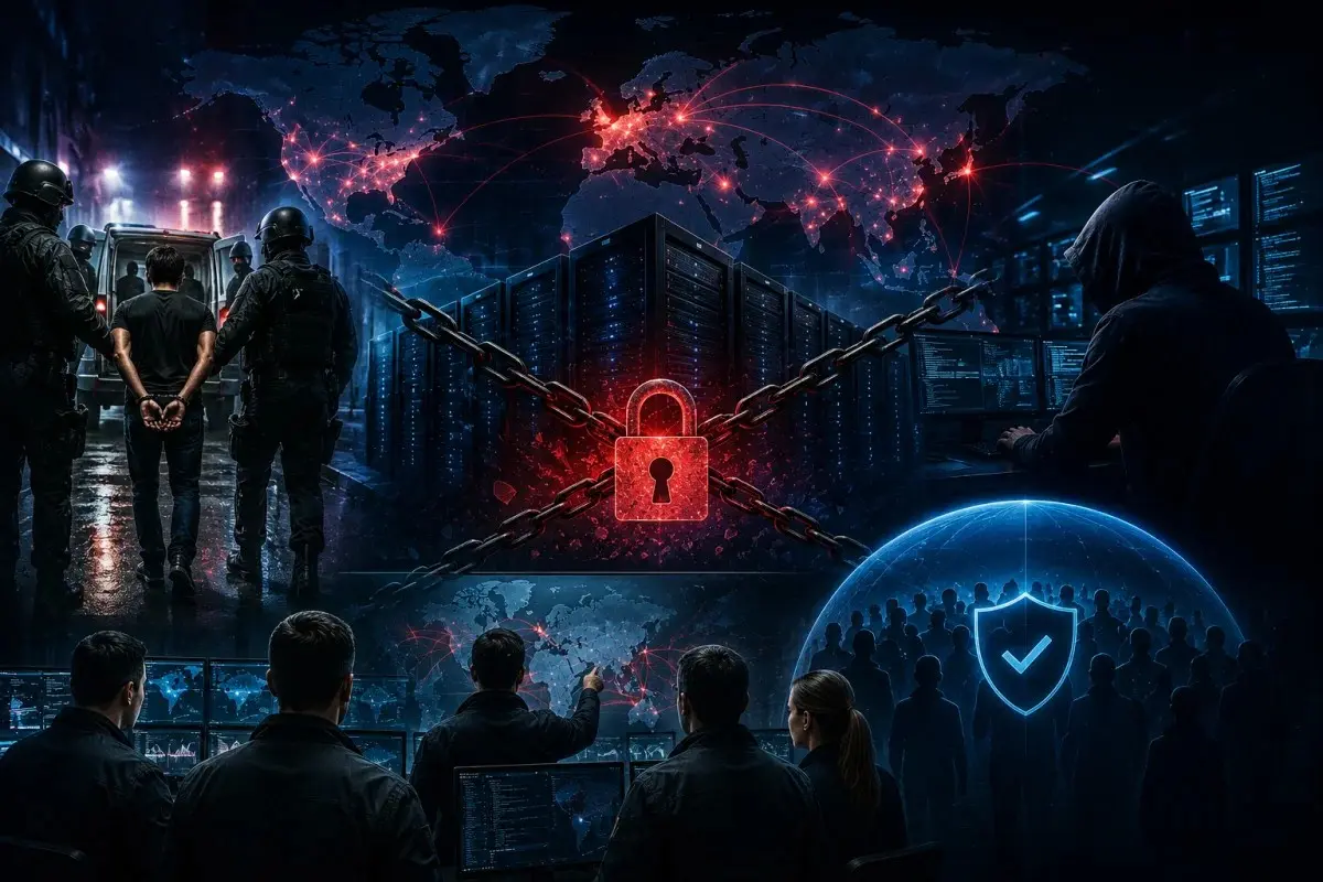 International law enforcement dismantling the Kratos pishing network with server seizures, suspect arrest, and global cybersecurity protection.